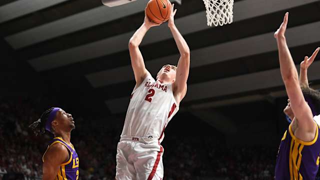 Jan 27, 2024; Tuscaloosa, Alabama, USA; Alabama forward Grant Nelson (2) scores inside against LSU at Coleman Coliseum. Mandatory Credit: Gary Cosby Jr.-USA TODAY Sports